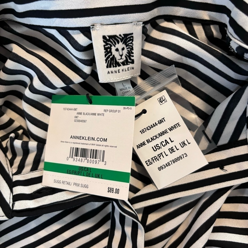 Anne Klein L Black and White Asymmetrical Striped Button Down Formal Shirt NWT - Picture 6 of 6
